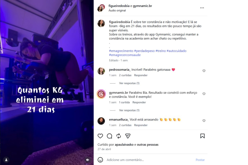 Prova real da eficácia do App Gymnamic no emagrecimento de Bia